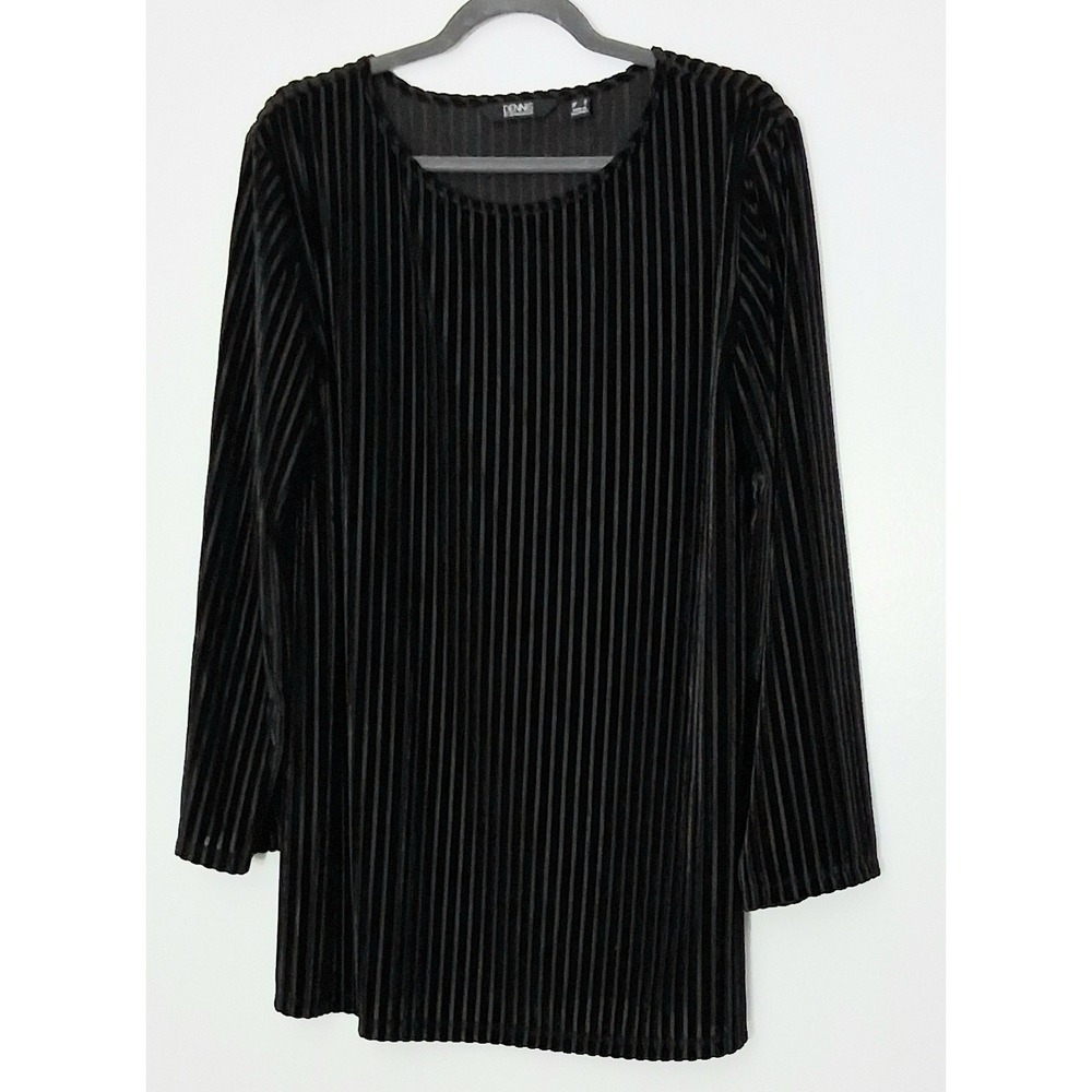 Dennis Basso Tunic Top Women's Size M Black Striped Stretch Velvet Bell Sleeves
